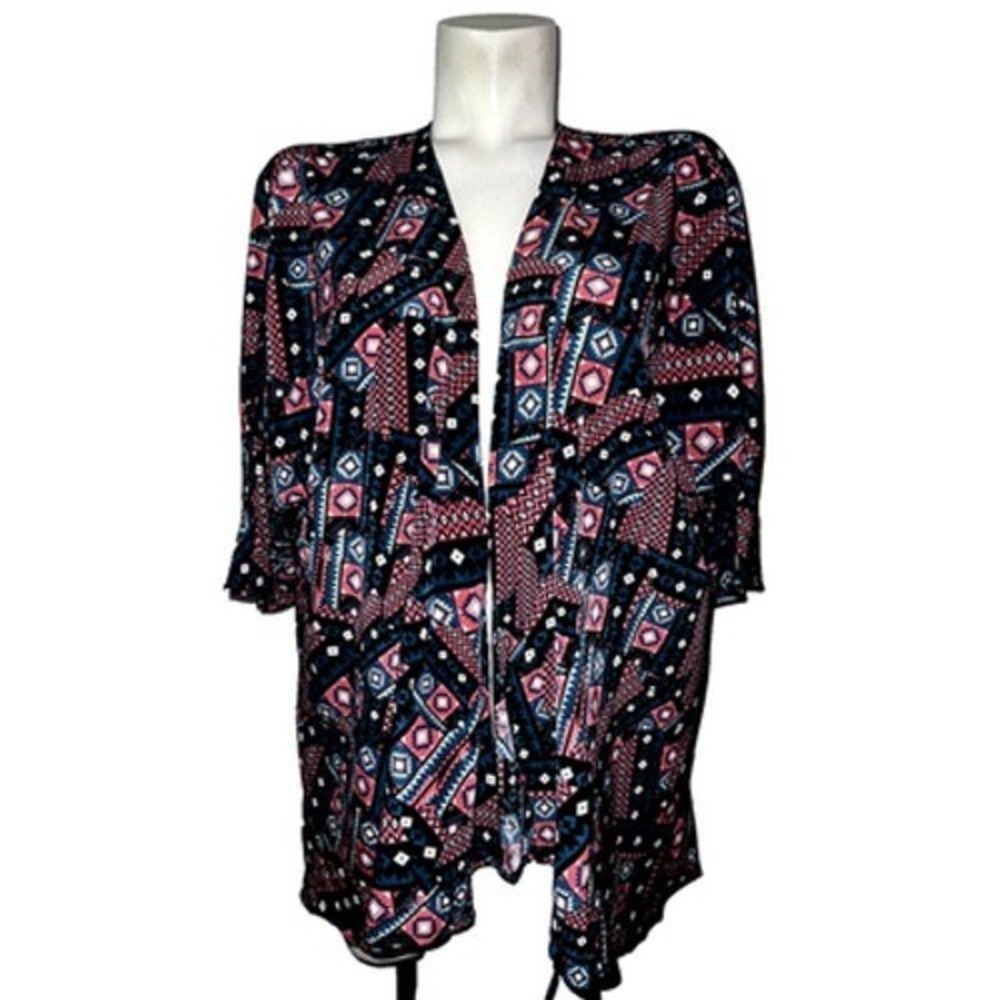 LuLaRoe Lindsay Kimono Cardigan Medium Pink Blue Geometric Tribal Open Front